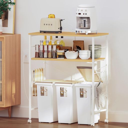 LunarLightごみ箱上ラックキッチンツールラック幅80x奥行40x高さ100cm電子レンジ台オープンラックプリンタ台2口コンセント付き耐荷重100kgレンジ炊飯器など対応Sフックストッパキャスターと…