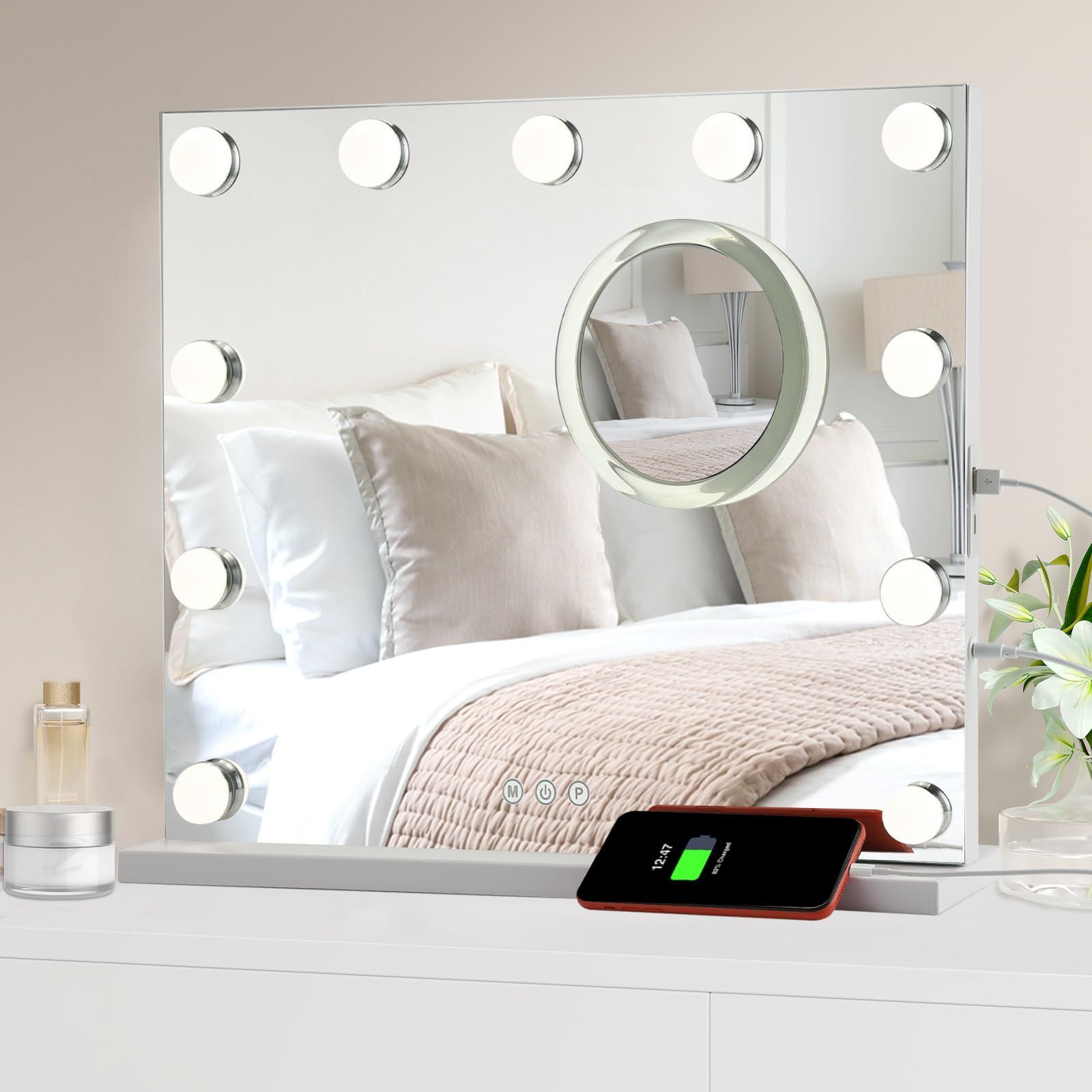 ガービー Garvee 女優ミラー 卓上ミラー 化粧鏡 大きい ライト付き 壁掛け 10倍拡大鏡付き 無段階調光 3色調色 USBポート搭載 50x40cm