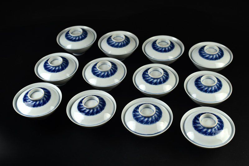 蔵A5117a 清水焼 染付 雁木文 蓋茶碗 十二客 共箱 在銘有