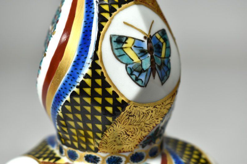 蔵A5120b】九谷 北出星光 工場 色絵金彩 花蝶文瓢型 壷 壺 花入 共箱