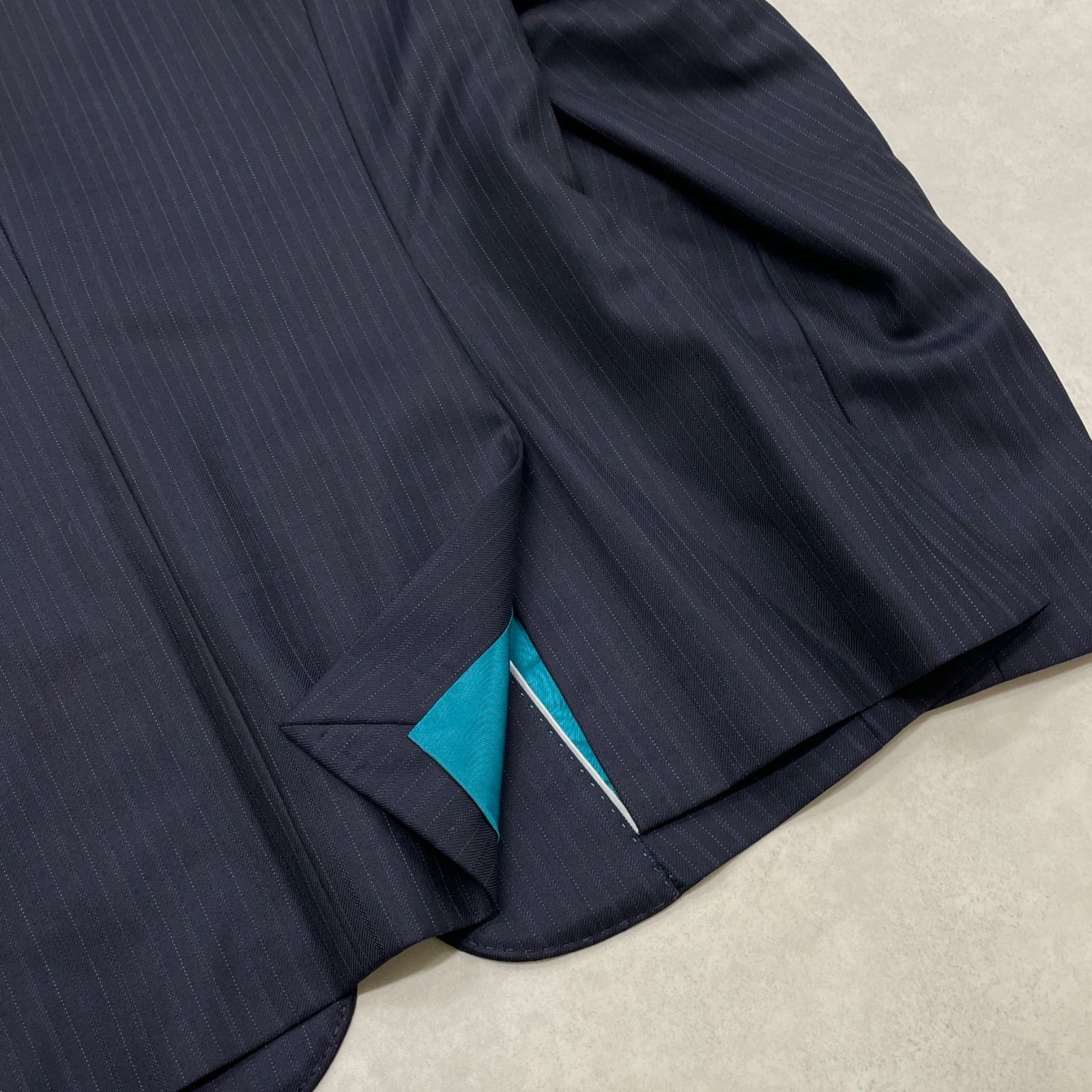 Paul Stuart ポールスチュアート ゼニア生地 パンツスーツ セットアップ ストライプ柄 テーラードジャケット ワイドパンツ ウール ネイビー レディース 8 MAAHADDERANG_COM