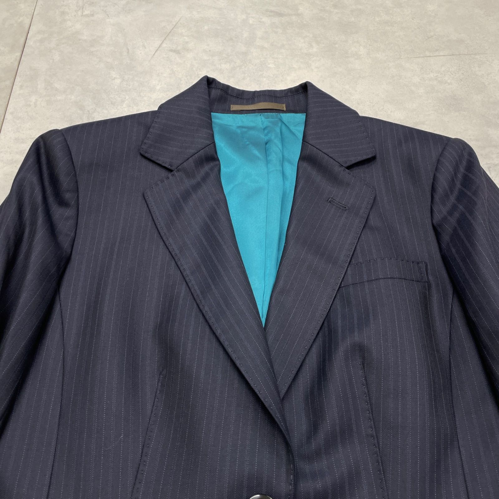 Paul Stuart ポールスチュアート ゼニア生地 パンツスーツ セットアップ ストライプ柄 テーラードジャケット ワイドパンツ ウール ネイビー レディース 8