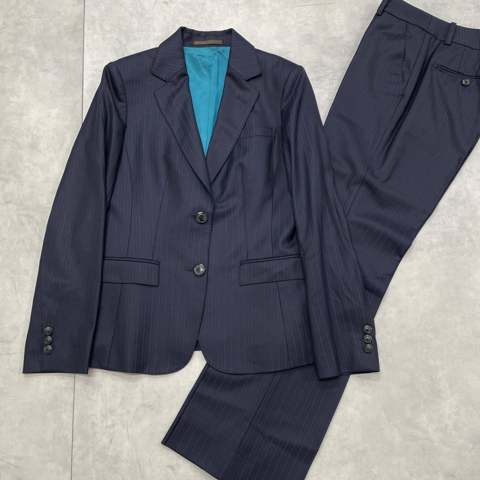 Paul Stuart ポールスチュアート ゼニア生地 パンツスーツ セットアップ ストライプ柄 テーラードジャケット ワイドパンツ ウール ネイビー 日本製 レディース 8