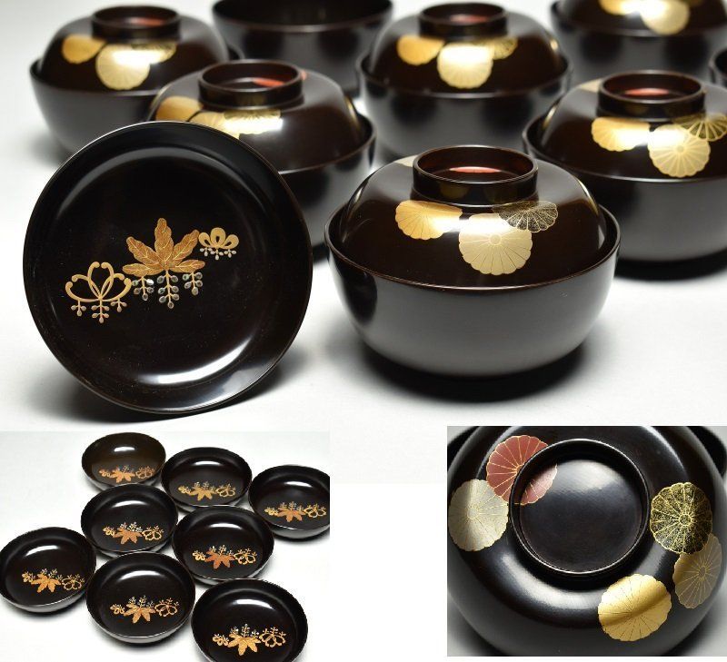 蔵A5151a 木製黒地 菊桐蒔絵 螺鈿 吸物椀 汁椀 八客
