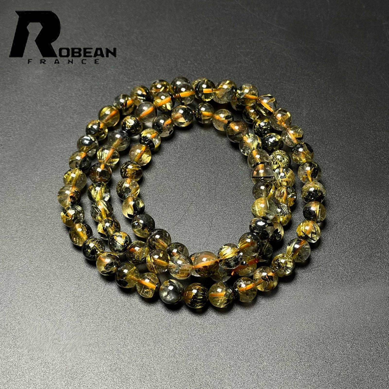 上級 EU製 定価20万円 ROBEAN 太陽花タイチンルチル 黄金針水晶 金運 開運 ゴールド 3本巻きブレス パワーストーン プレゼント 6.2-6.8mm M0813357