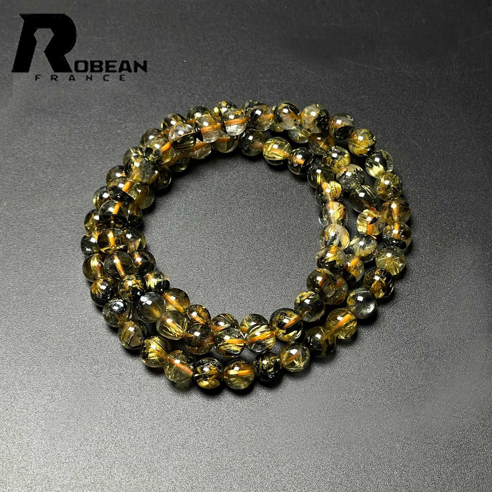 上級 EU製 定価20万円 ROBEAN 太陽花タイチンルチル 黄金針水晶 金運 開運 ゴールド 3本巻きブレス パワーストーン プレゼント 6.2-6.8mm M0813357