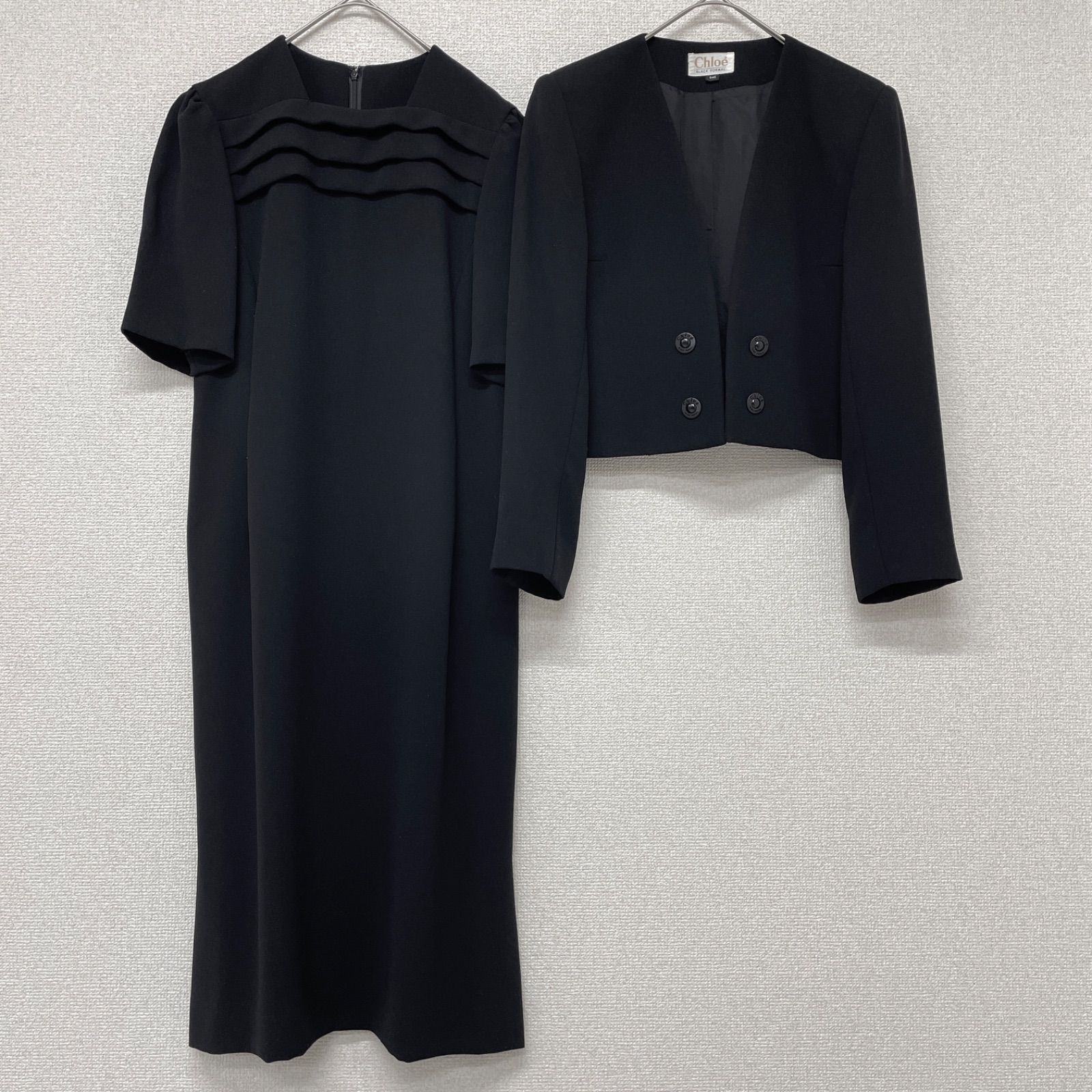 Chloe クロエ セレモニースーツ フォーマル セットアップ ノーカラージャケット 半袖ワンピース ポリエステル ブラック 日本製 レディース 9号