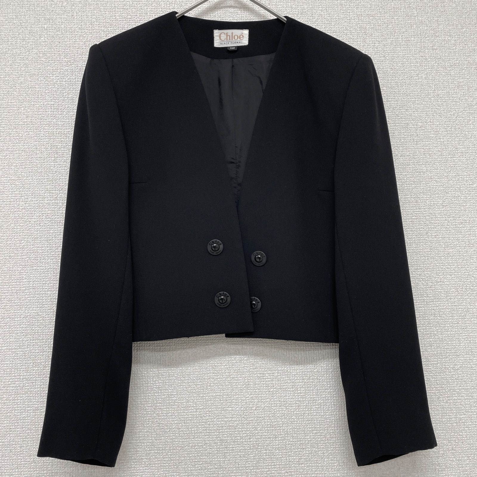 Chloe クロエ レディース 日本製 麻混 フォーマル スカートスーツ 上下セット ノーカラージャケット 黒 サイズ42 Chloe クロエ セレモニースーツ フォーマル セットアップ ノーカラー