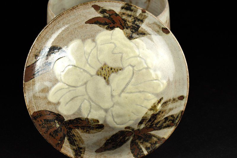 蔵A5005d 船田慶市郎 牡丹 蓋付飾壺 蓋物 水指 共箱