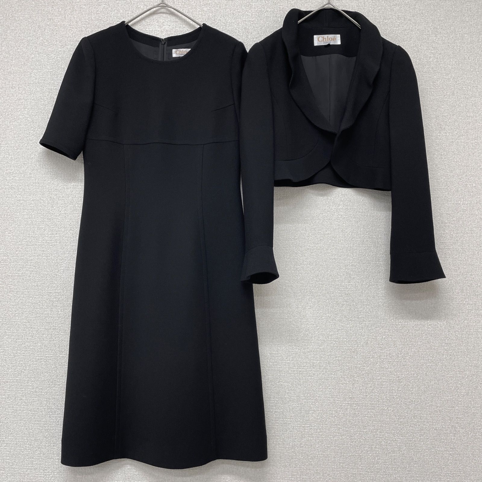 Chloe クロエ セレモニースーツ フォーマル セットアップ フリル 半袖ワンピース ポリエステル ブラック 日本製 レディース 7号