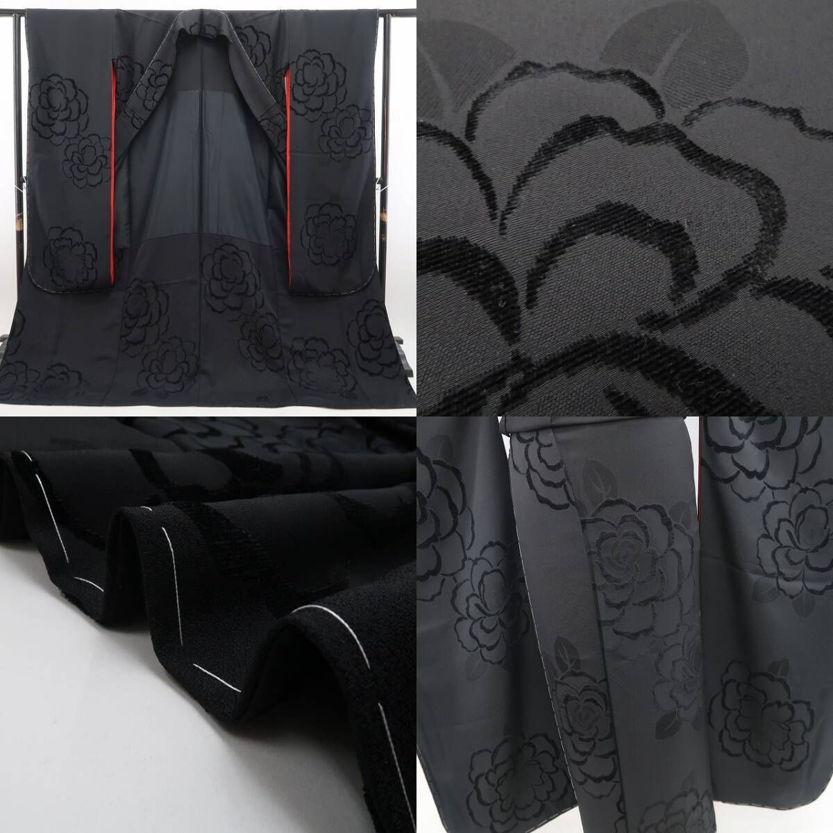 ❁tomihisa❁新品 一刀彫 薔薇 モノトーン 着物 成人式 胴抜き仕立て