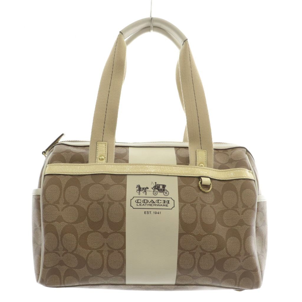 コーチ COACH ミニボストンバッグ ハンドバッグ PVC レザー シグネチャー 総柄 ロゴ 茶色 ブラウン 白 ホワイト F11353 |XZ GY18