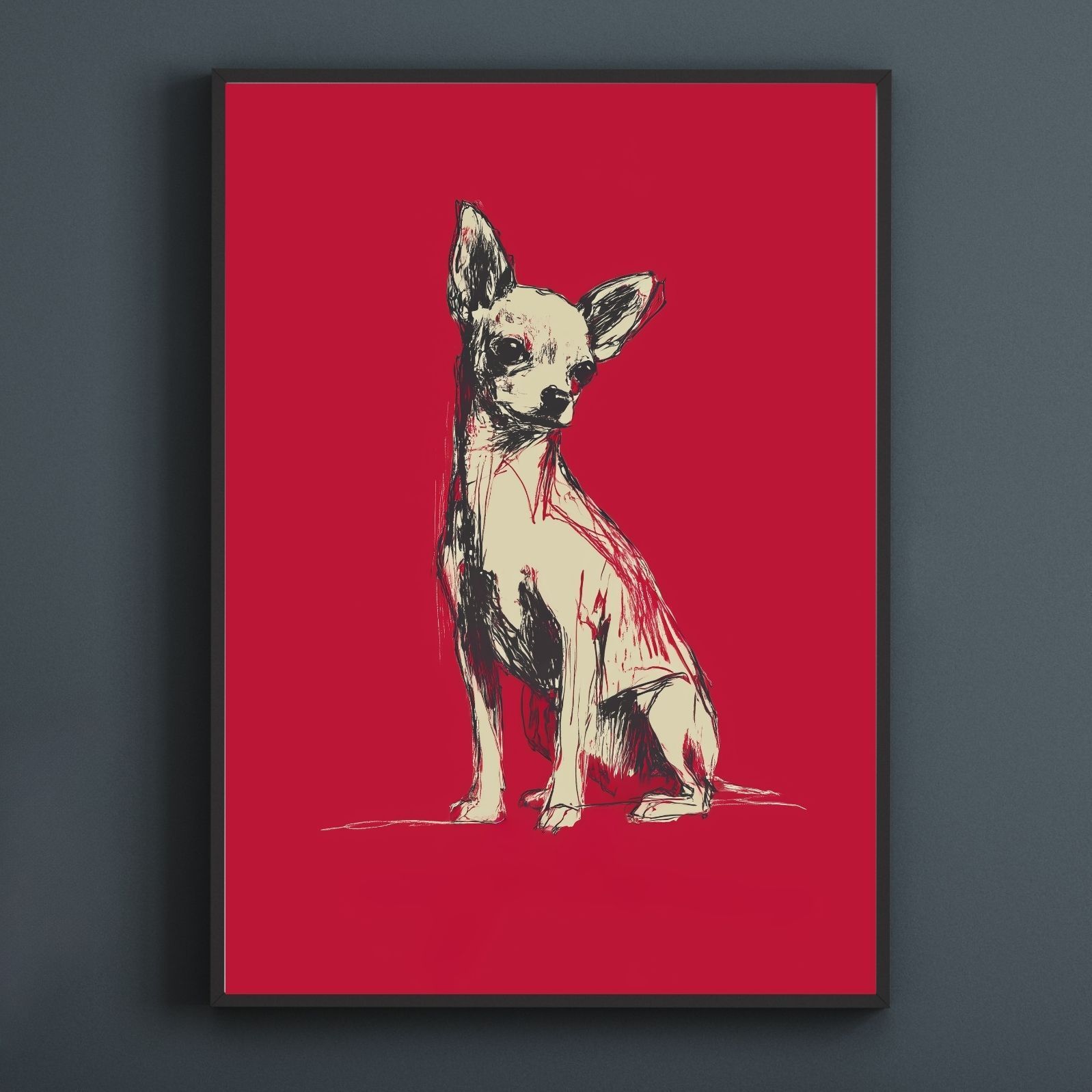 名入れOK Red Line - チワワ犬 No.2 アートポスター ペットロス 北欧モダン ミニマルインテリア カフェスタイル