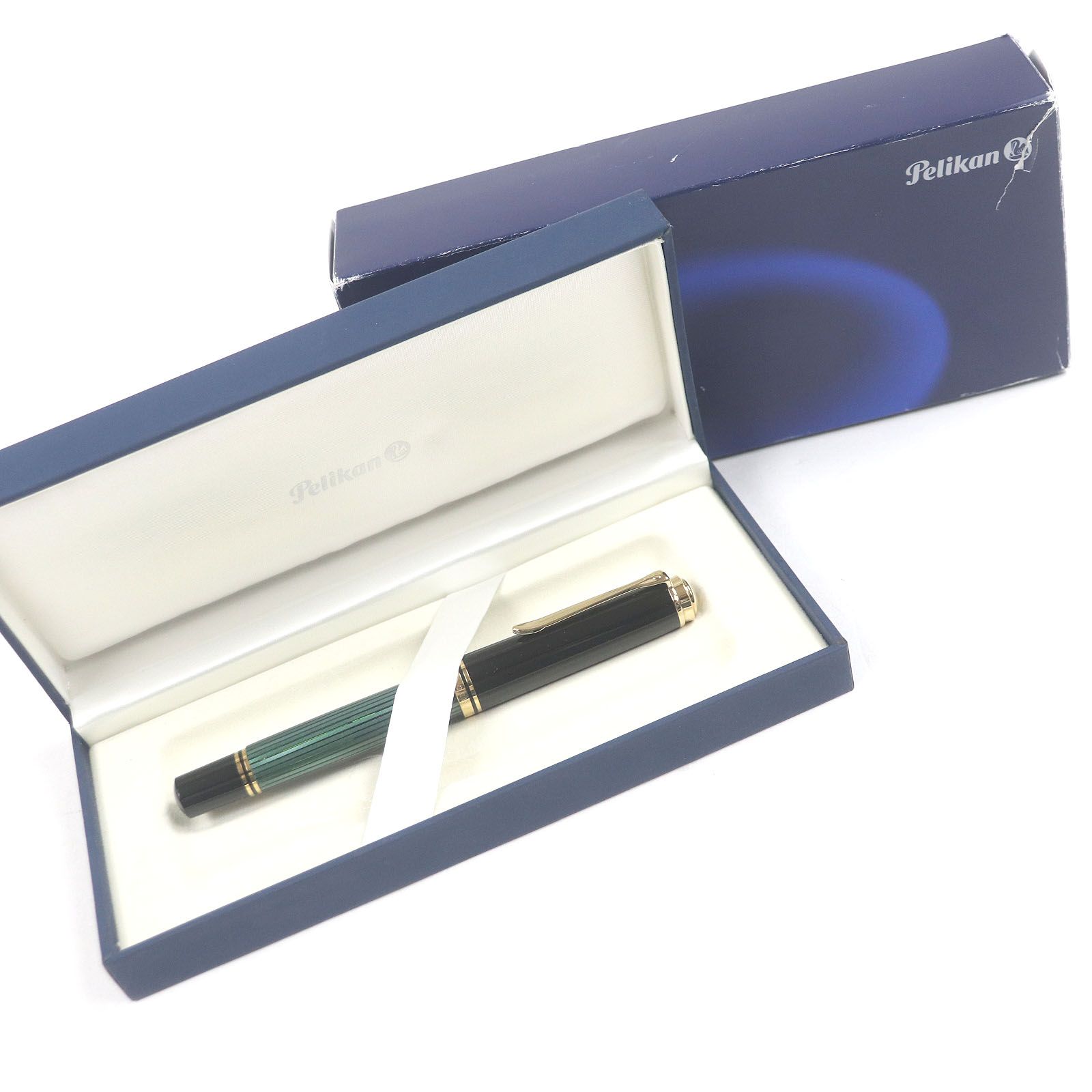 □PERIKAN ペリカン M800 スーベレーン ペン先18K Fニブ キャップ式 万年筆 グリーン ブラック ゴールド 箱 ケース付き ドイツ製 メンズ