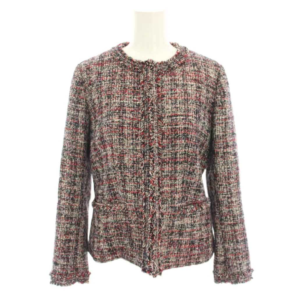 セオリー Theory ビバリーツイードフリンジスリムジャケット BEVERLY TWEED FRINGE SLIM JKT ノー ジャケット アウター 2 赤 レッド 紺 ネイビー 01-0104107 YT