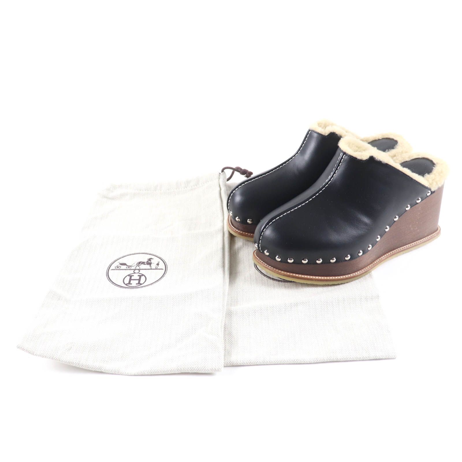 HERMES エルメス アース スタッズ付 ウェッジソール レザー ムートン サボサンダル ブラック 37 保存袋付き イタリア製 レディース