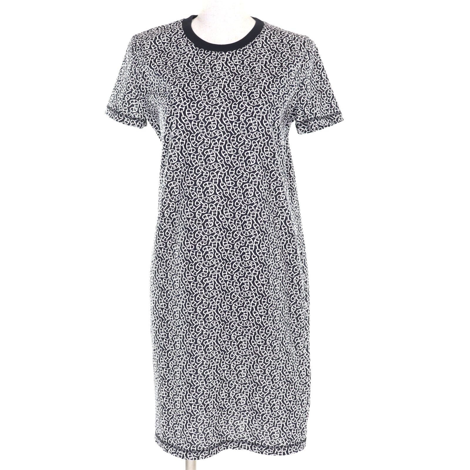 ♥品 HERMES エルメス 24SS 4E4521DB Naoussa Chaine マイクロ ナウサ シェーヌ コットン100％ ワンピース ダークネイビー ホワイト 36 フランス製 正規品 レディース