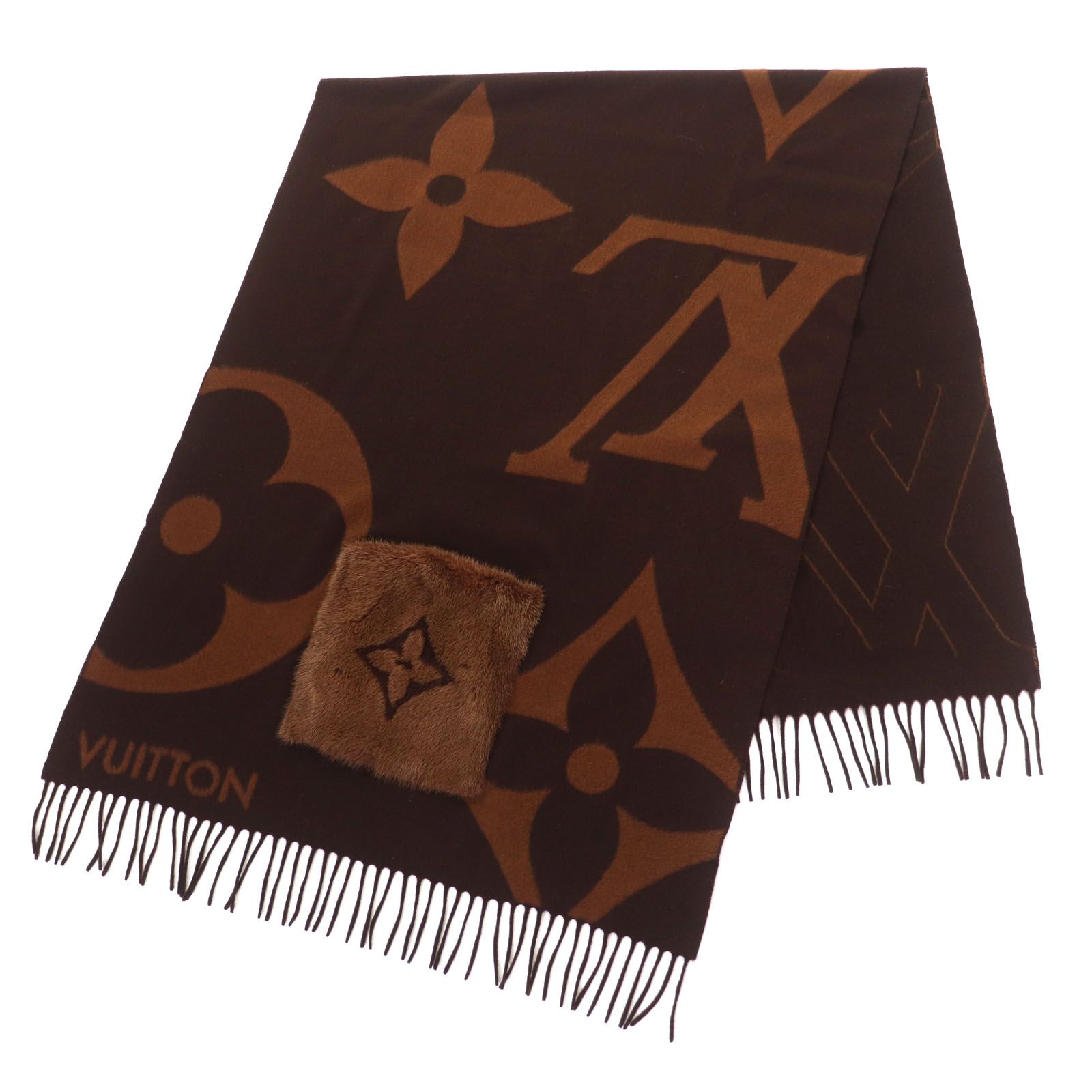 LOUIS VUITTON ルイヴィトン M77387 マフラー・ジ ファー カシミヤ ウール モノグラム ジャイアント マフラー ブラウン イタリア製 レディース 定価387 200円