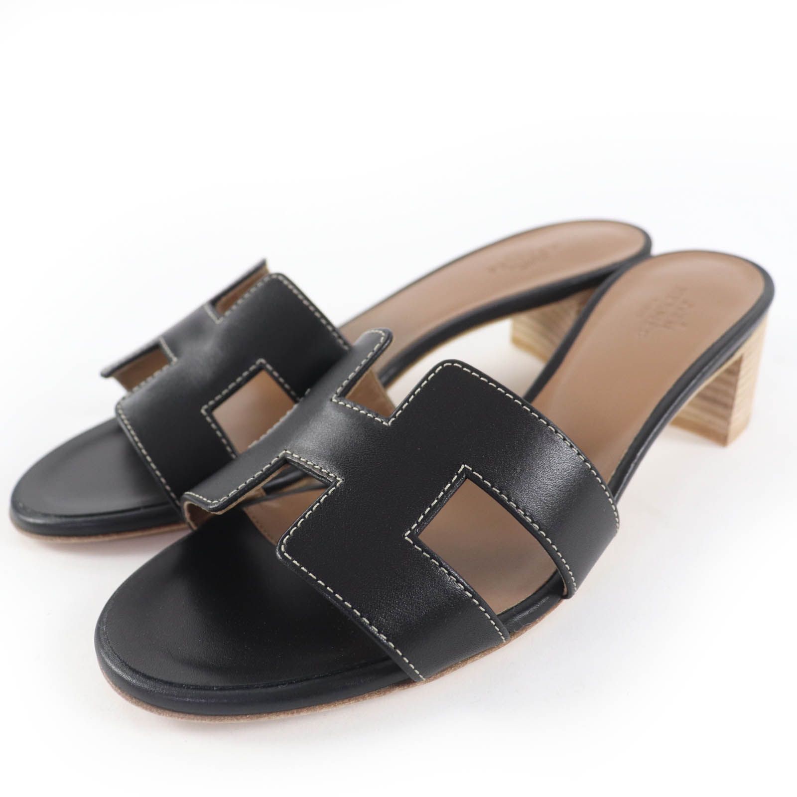 HERMES エルメス オアジス Hロゴ レザー ミュール サンダル ブラック 37 き イタリア製 レディース