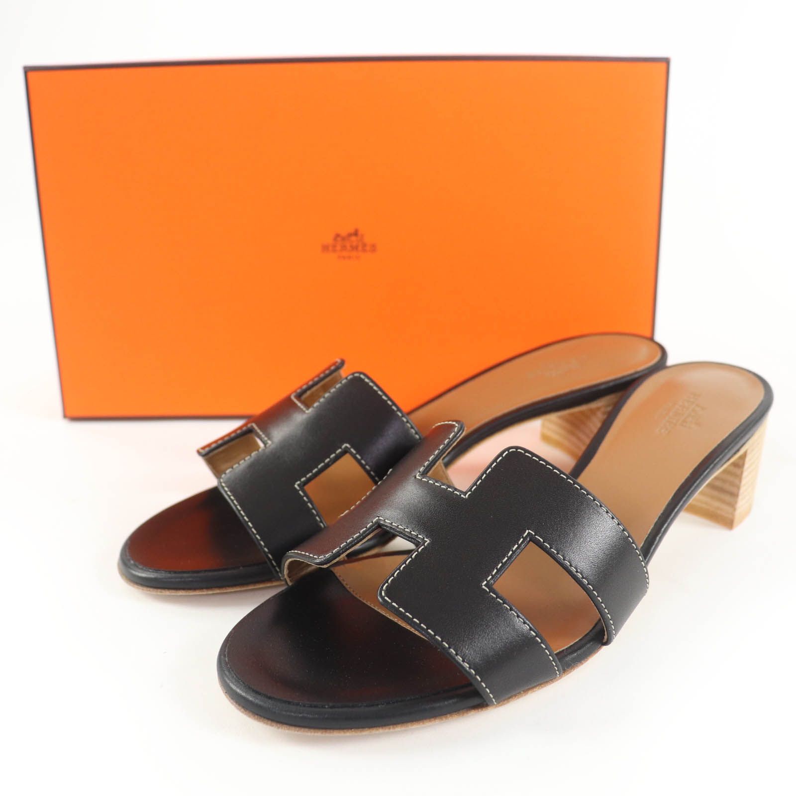 HERMES エルメス オアジス Hロゴ レザー ミュール サンダル ブラック 37 き イタリア製 レディース
