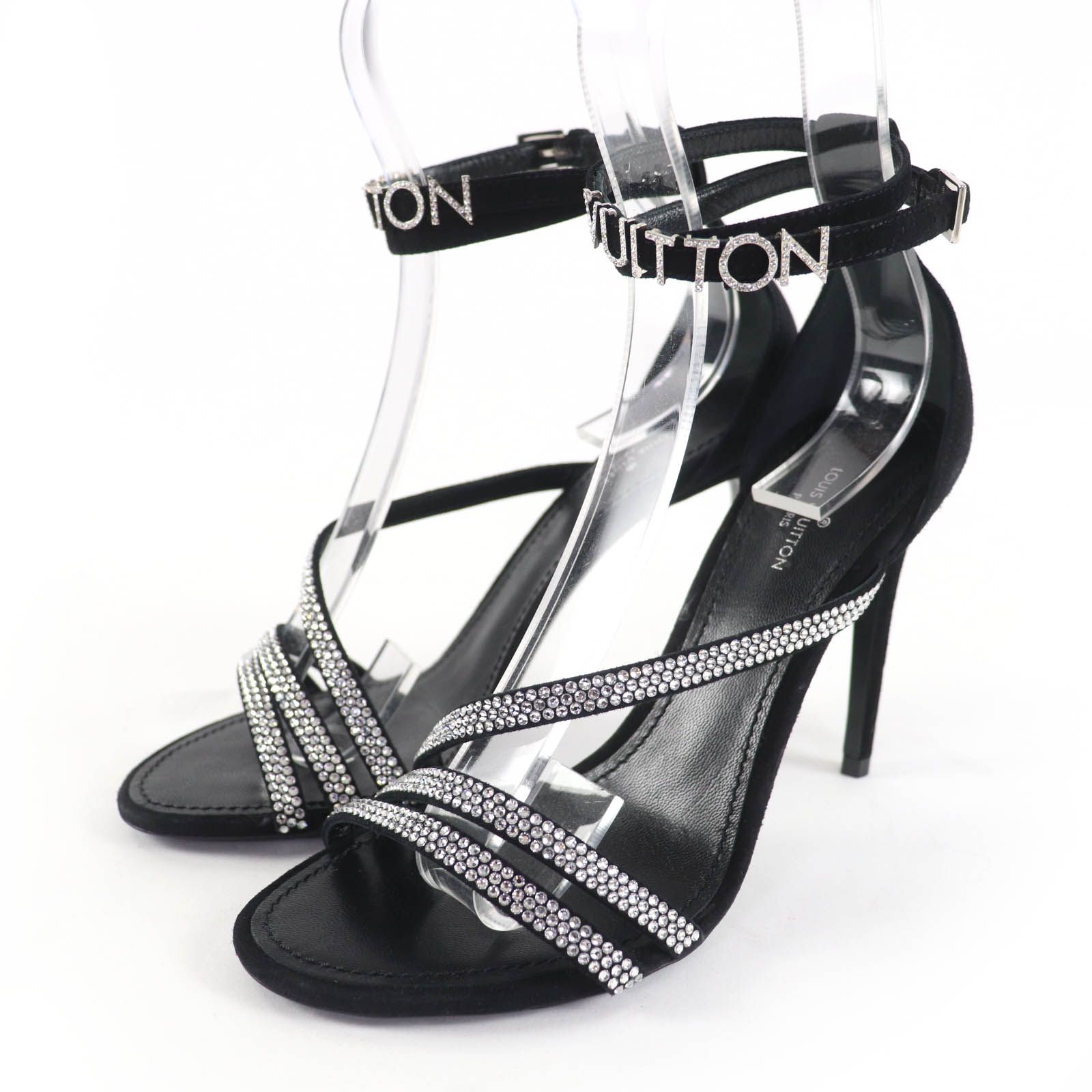 LOUIS VUITTON ルイヴィトン ラインストーン付 アンクルストラップ スウェードレザー サンダル ブラック 36.5 イタリア製 レディース