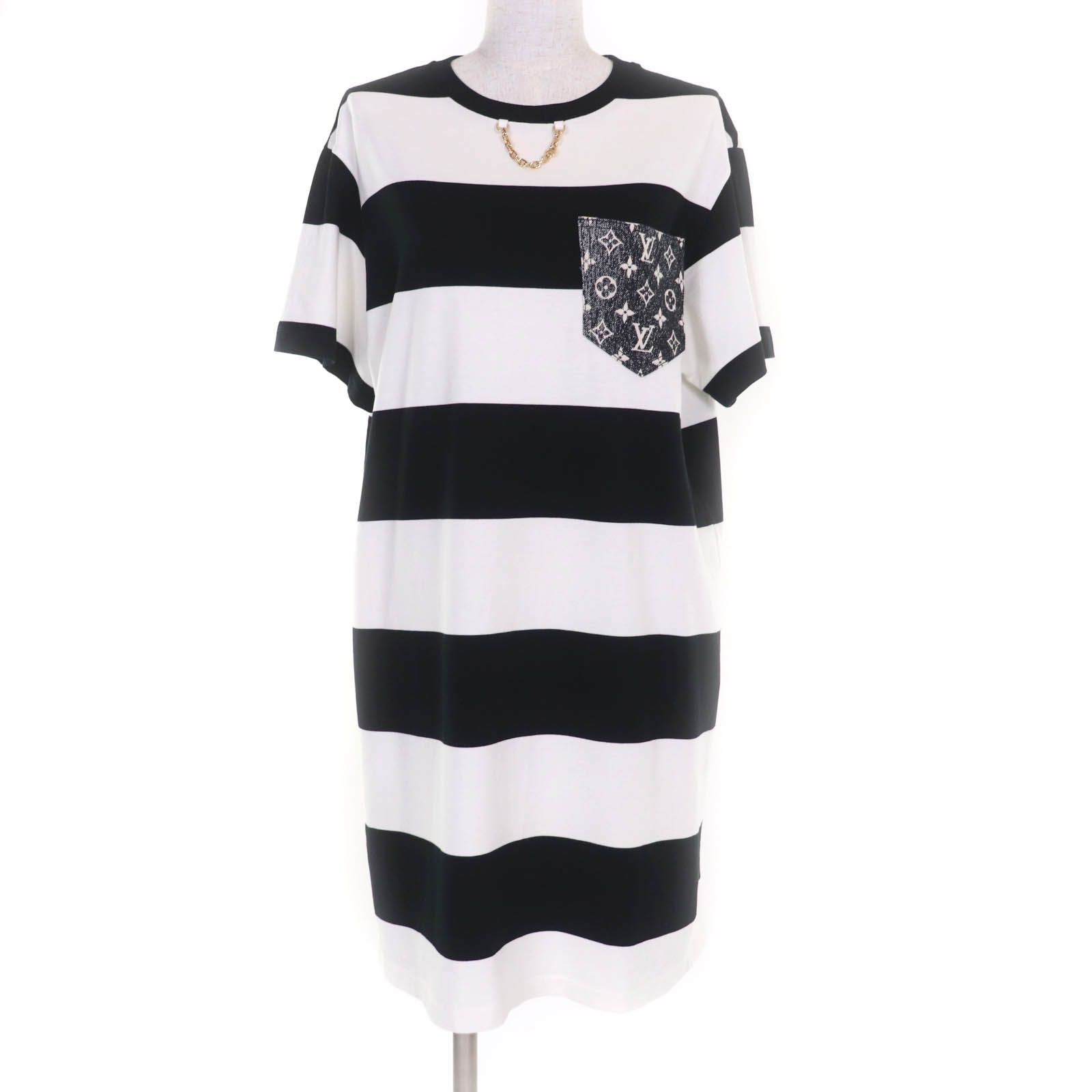 LOUIS VUITTON ルイヴィトン 23SS 1AAUOX コットン100％ デニムモノグラムポケット チェーン装飾 ボーダー Tシャツ ワンピース ブラック ホワイト レディースMサイズ相当 レディース