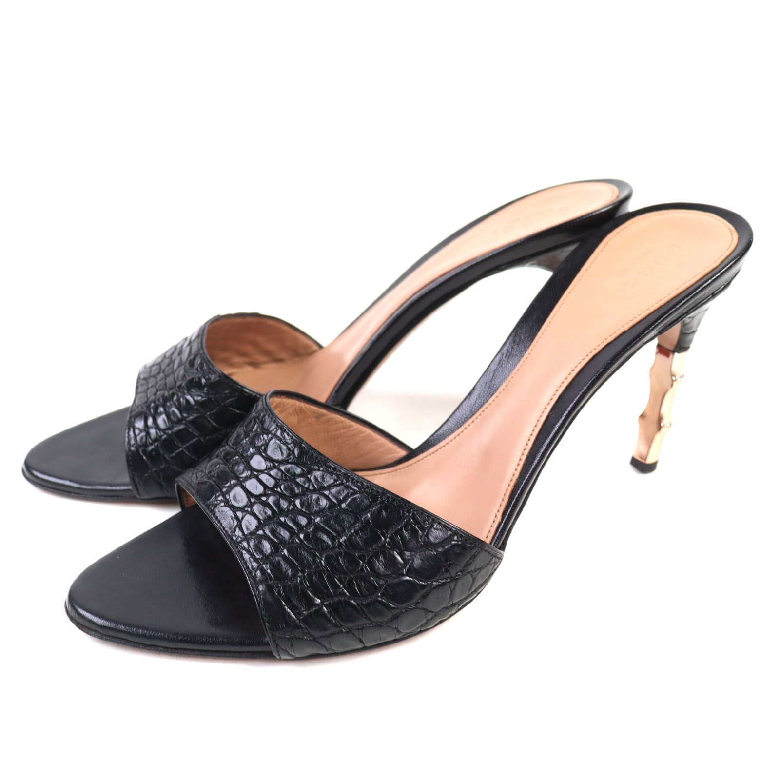 GUCCI グッチ 129747 クロコダイル レザー バンブーヒール ミュール サンダル ブラック 9 保存袋付き イタリア製 レディース