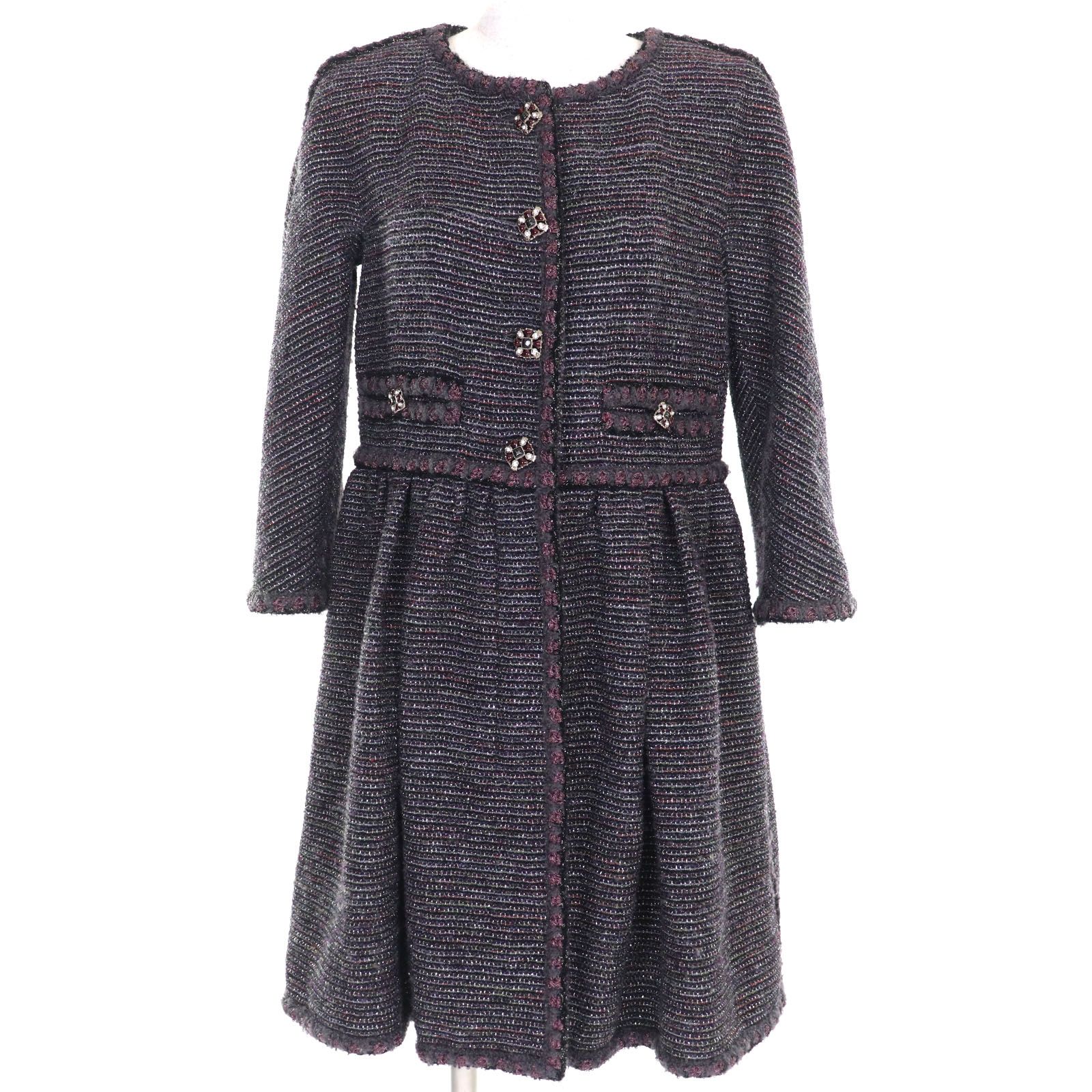 CHANEL シャネル P42301 裏地シルク100％ ココマークボタン付 ラメ入り ノー ツイード コート マルチ 38 フランス製 レディース