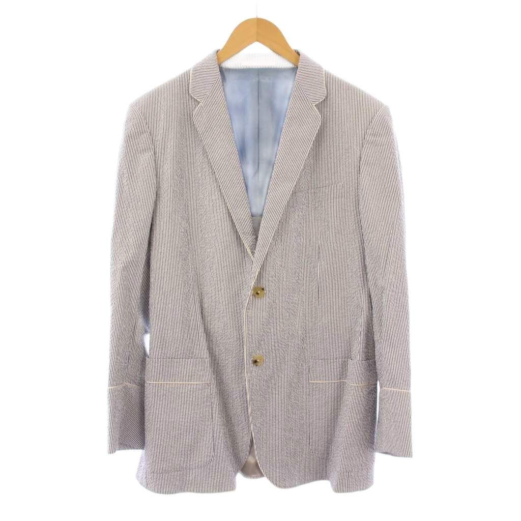 グッチ GUCCI シアサッカー テーラードジャケット ブレザー アウター シングル 総裏地 ストライプ柄 54 青 ブルー 白 ホワイト |BB