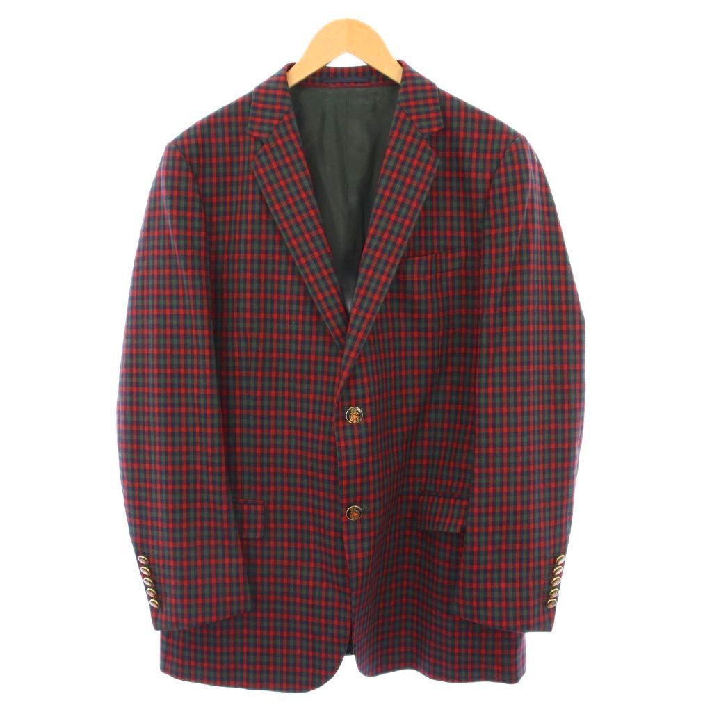 グッチ GUCCI テーラードジャケット ブレザー アウター シングル 総裏地 ウール カシミヤ混 チェック柄 54 赤 レッド 緑 グリーン BB