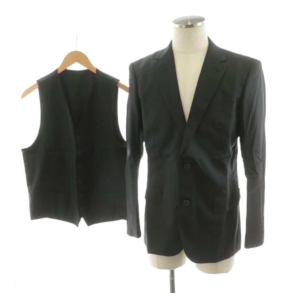 ティノラス MEN S TENORAS 2点セット テーラードジャケット シングル ベスト 前開き ストライプ柄 ウール M 黒 ブラック TE-4056 |AN62