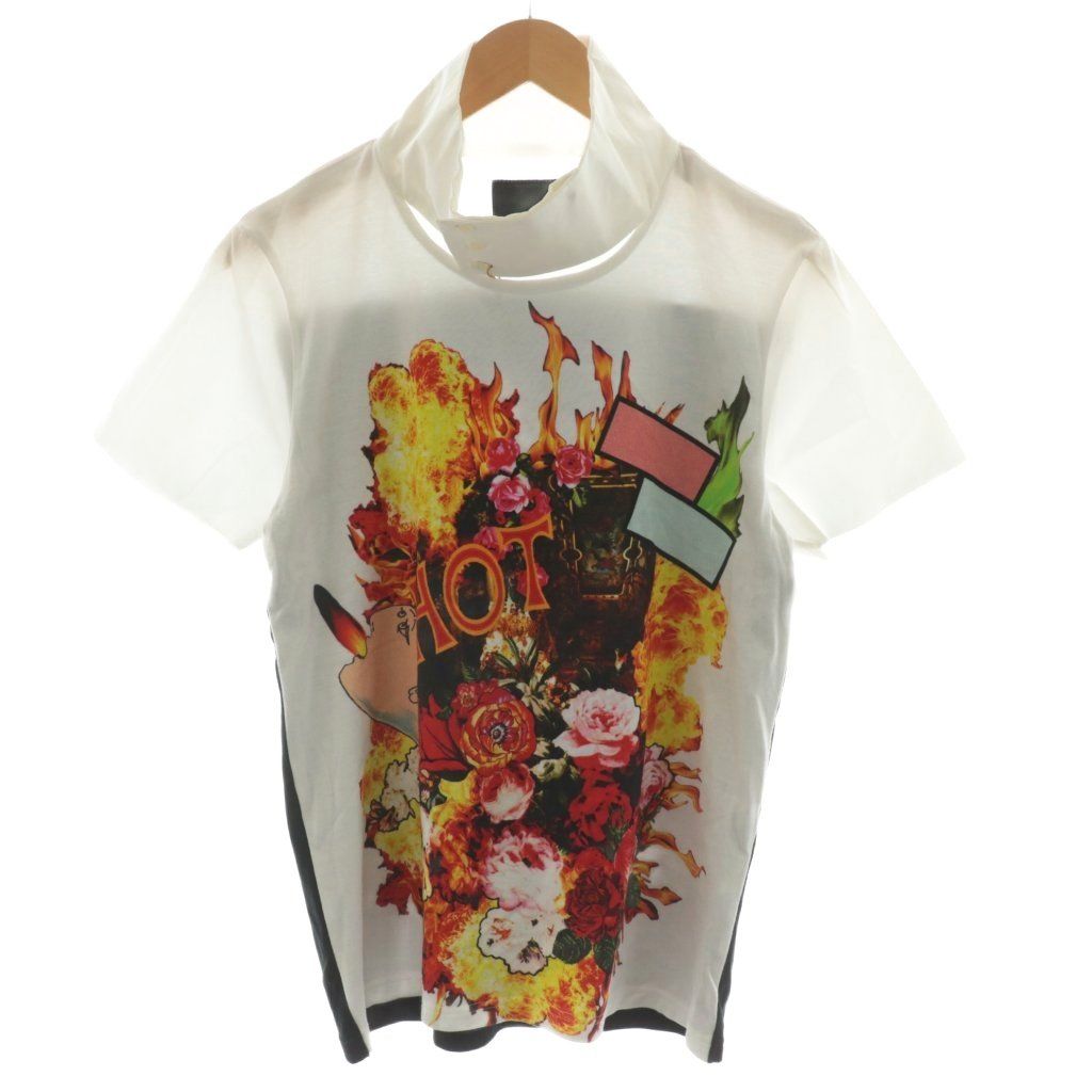 【中古】ドレスキャンプ Tシャツ カットソー 半袖 スタンドカラー プリント ロゴ 花柄 切替 44 白 黒 ドレスキャンプ DRESSCAMP Tシャツ カットソー 半袖 スタンドカラー