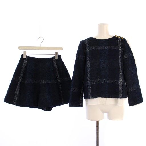ブルーレーベルクレストブリッジ BLUE LABEL CRESTBRIDGE セットアップ 上下 フェイクレイヤードニット カットソー 長袖 ショートパンツ チェック柄 ウール 36 青 紺 |BM