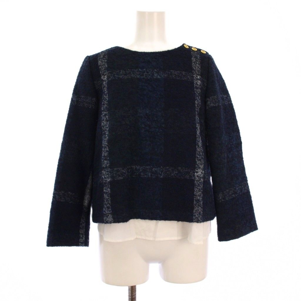 ブルーレーベルクレストブリッジ BLUE LABEL CRESTBRIDGE セットアップ 上下 フェイクレイヤードニット カットソー 長袖 ショートパンツ チェック柄 ウール 36 青 紺 BM