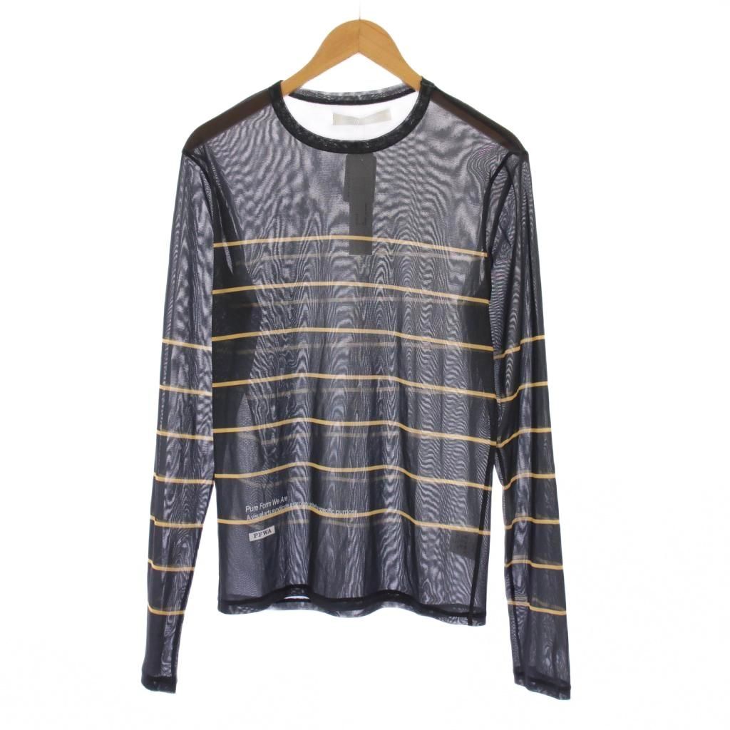 ヨウヘイオオノ YOHEI OHNO メッシュトップス カットソー 長袖 クルーネック シアー シースルー ストレッチ ボーダー柄 36 グレー 黄色 イエロー タグ付き OH-25A-CS2 |BB