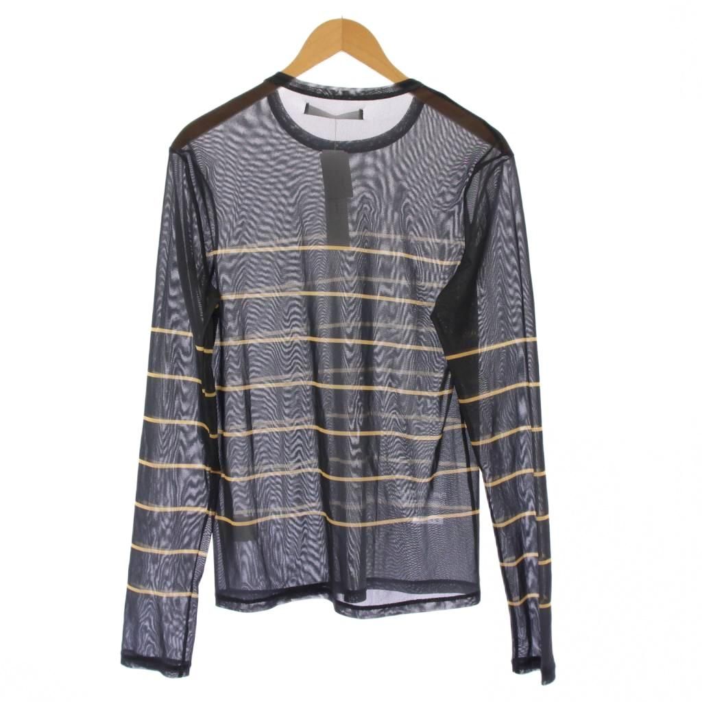 ヨウヘイオオノ YOHEI OHNO メッシュトップス カットソー 長袖 クルーネック シアー シースルー ストレッチ ボーダー柄 36 グレー 黄色 イエロー OH-25 A-CS 2 BB