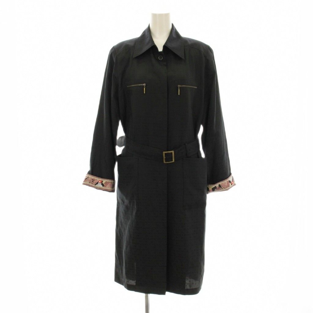 レオナール LEONARD FASHION ステン コート スプリングコート ロング ロゴ 総柄 シルク 11R 黒 ブラック 0398451 KU