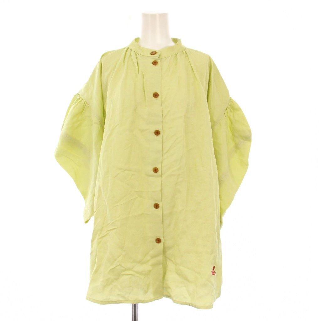 ヴィヴィアンウエストウッドレッドレーベル Vivienne Westwood RED LABEL シャツ ブラウス 五分袖 オーバーサイズ バンドカラー ロゴ オーブ 刺繍 麻 リネン混 00 黄緑 ライトグリーン タグ付き |BB