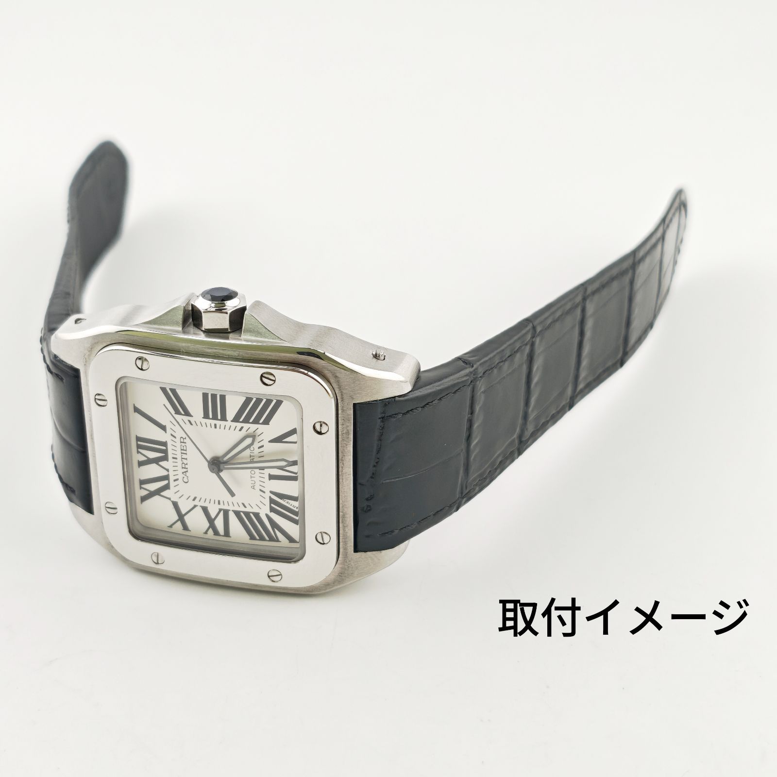  Dバックル付属 23 mm 腕時計 イタリアレザー 革 ベルト ブラック 黒 対応 カルティエ サントス100 LM Cartier レザーベルト 時計