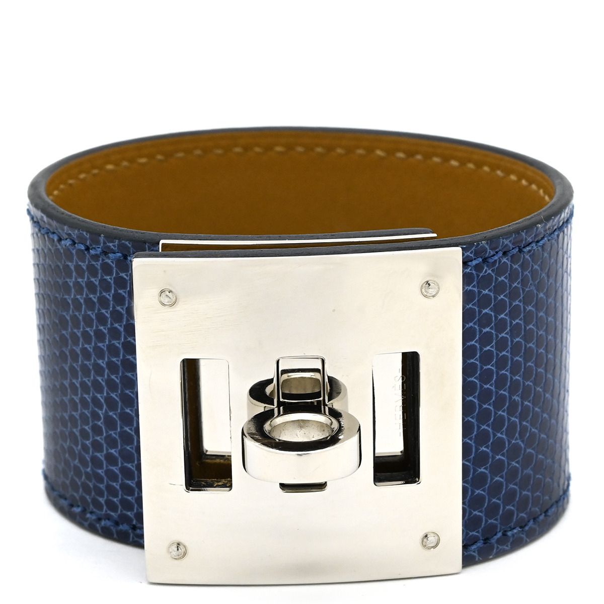 エルメス HERMES バングル ケリードッグ リザード メタル ブルー×シルバー シルバー金具 ブレスレット 大型メタルバックル X刻印