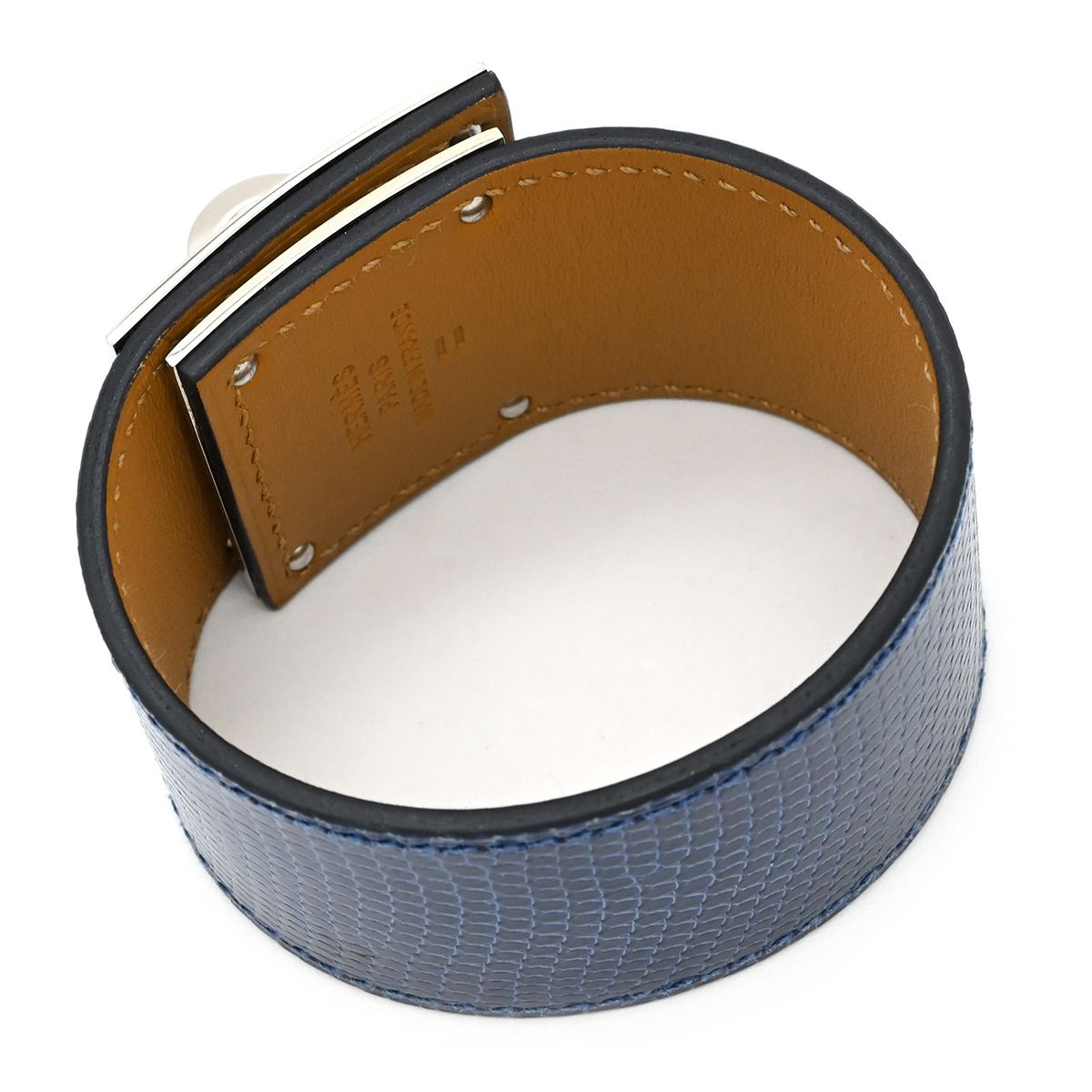 エルメス HERMES バングル ケリードッグ リザード メタル ブルー×シルバー シルバー金具 ブレスレット 大型メタルバックル X刻印