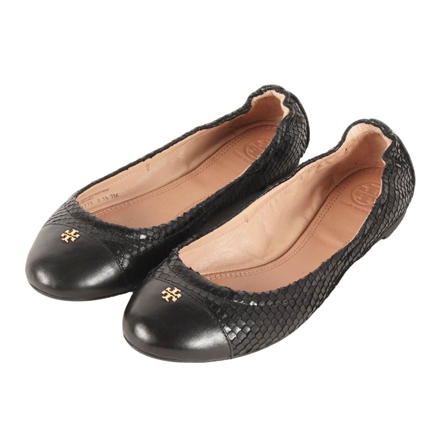 TORY BURCH トリーバーチ サイズ US7 24.0cm | パイソン レザー コンビ バレエ シューズ | パンプス | フラット ラウンドトゥ メタルロゴ 本革 | ブラック 黒 | ブランド 靴 レディース