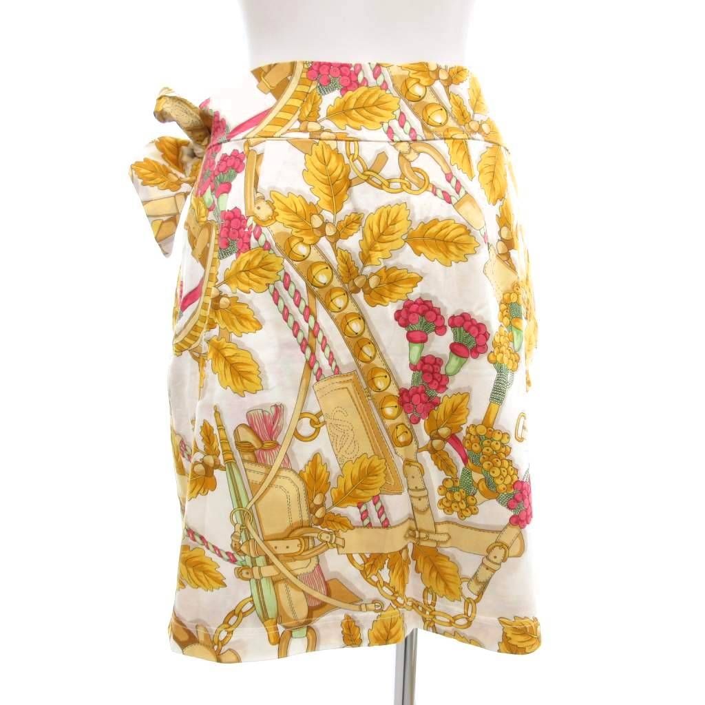 ロエベ LOEWE ラップスカート ひざ丈 M ホワイト イエロー ボタニカル 総柄 UO