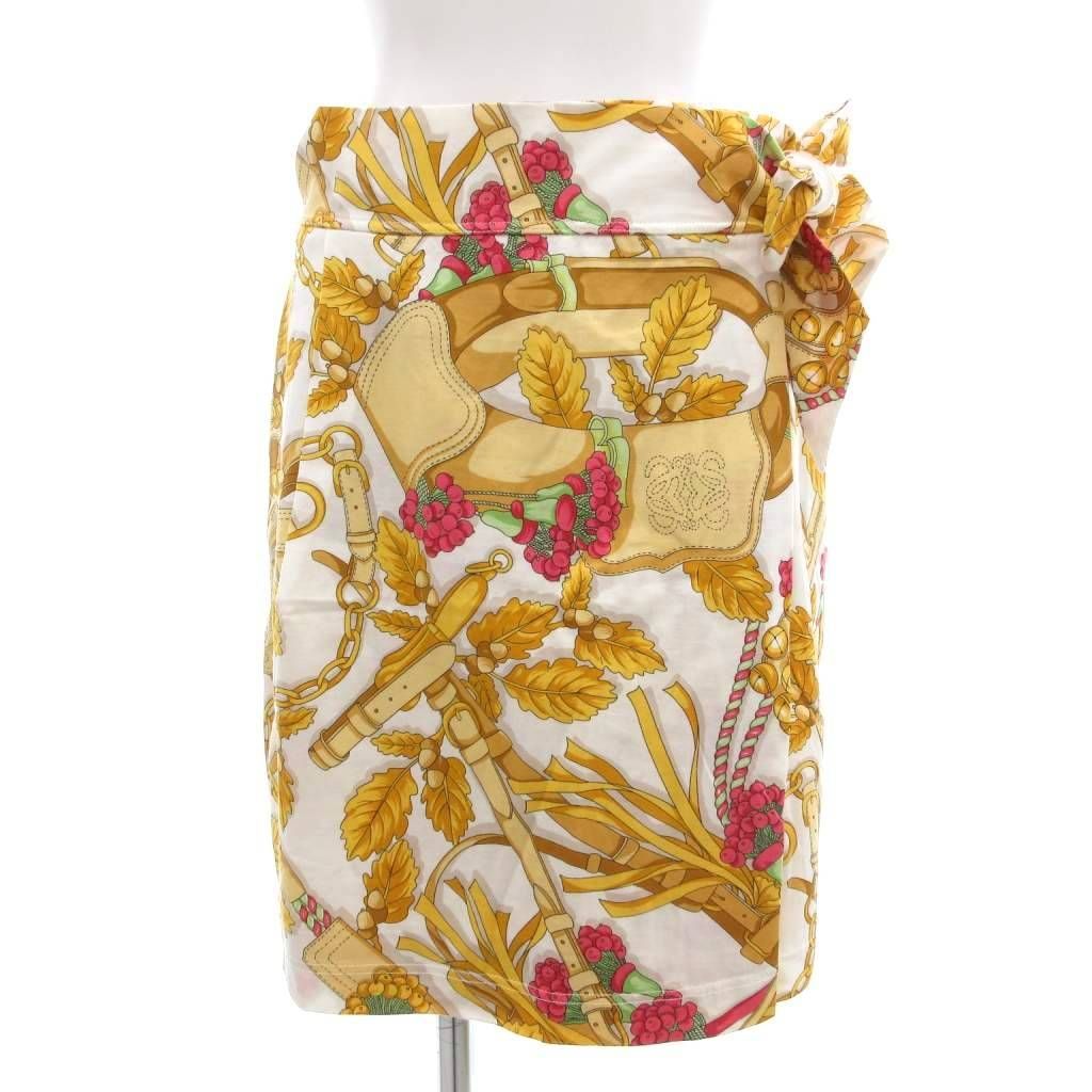 ロエベ LOEWE ラップスカート ひざ丈 M ホワイト イエロー ボタニカル 総柄 UO