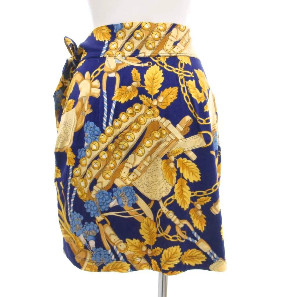 ロエベ LOEWE ラップスカート ひざ丈 S 紺 ネイビー ボタニカル 馬具 総柄 UO