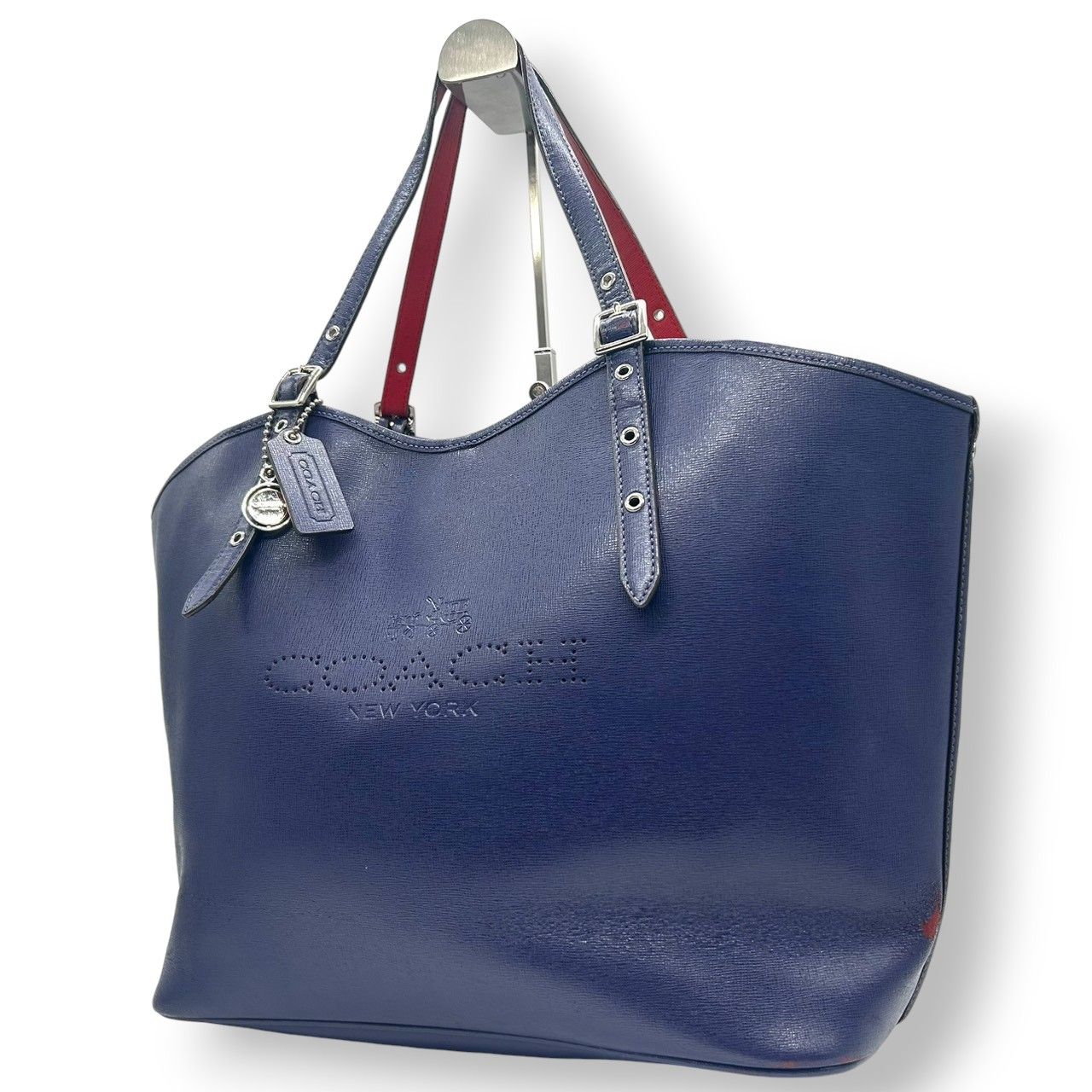 コーチ トートバッグ ショルダーバッグ レザー 本革 ネイビー レッド バイカラー A4 PC収納可 大容量 肩掛け レディース 通勤 通学 ビジネス オフィス パンチング ホースアンドキャリッジ 馬車ロゴ 自立可 スタイリッシュ COACH U4