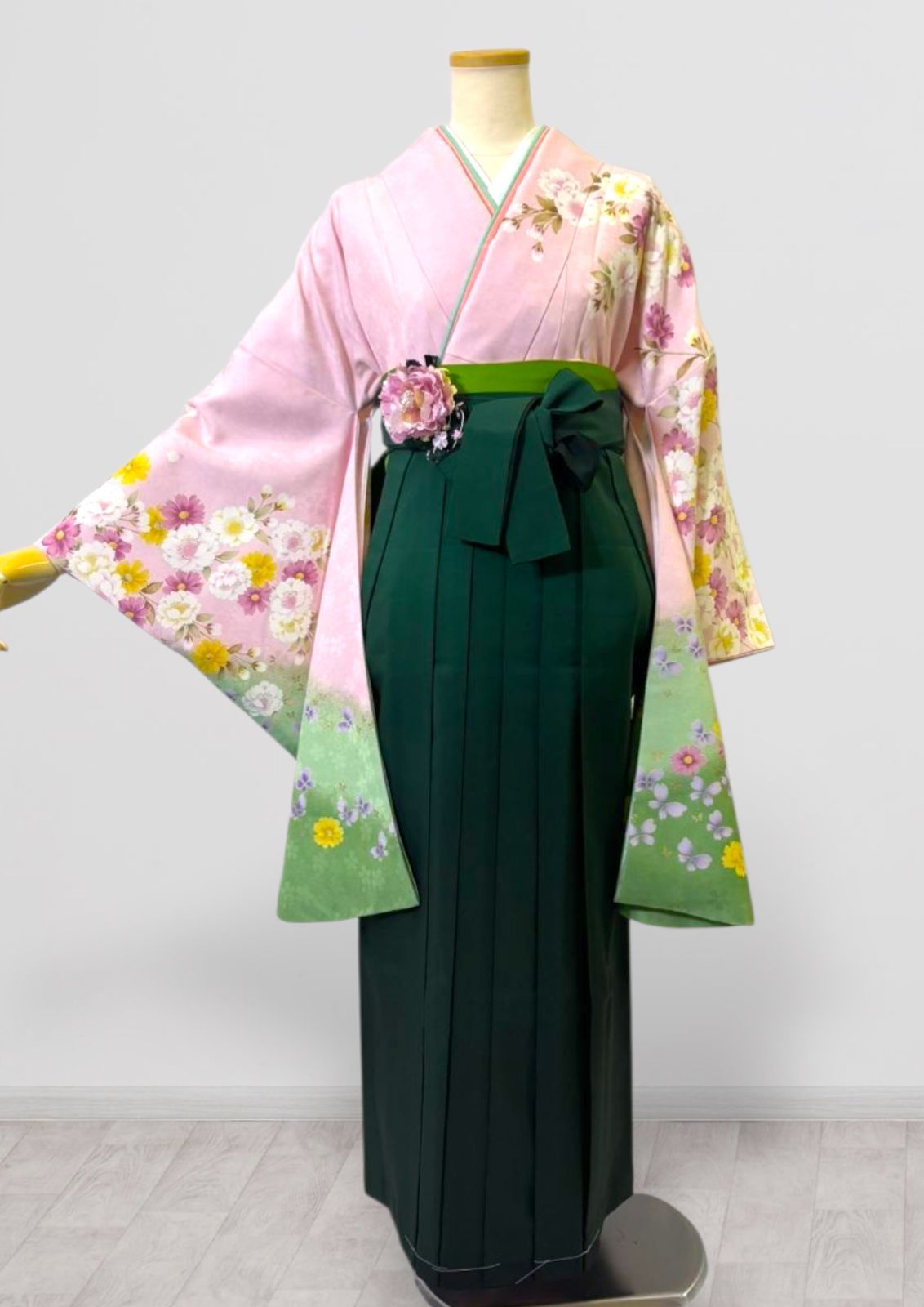 着物 袴 帯 3点セット セット販売 卒業式 に レディース袴セット 成人式 卒業式に 華やか和装 ピンク 緑 地紋 ぼかし染め 95-30