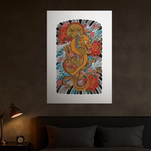 タペストリー 和モダン 和柄 浮世絵風 壁掛け 大判 壁布 インテリア かっこいい 部屋 アート グラフィック 昭和レトロ 撮影背景 華やか 布 赤 ピンク オレンジ 龍 牡丹 波 鱗 爪