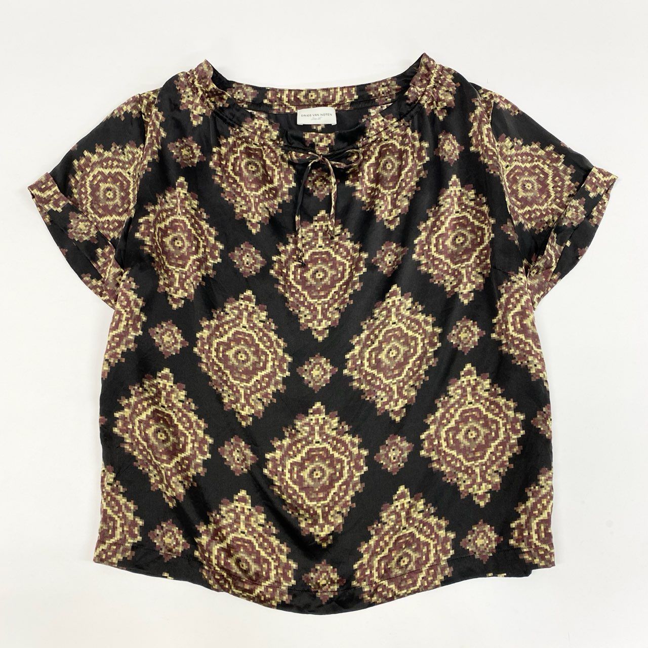 77j28 DRIES VAN NOTEN ドリスヴァンノッテン 半袖カットソー ブラウス シルク100％ 総柄 36サイズ マルチ レディースu02t