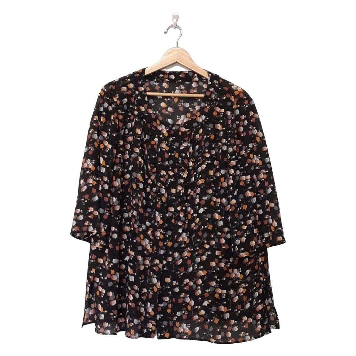 Leilian レリアン チュニック サイズ13 S レディース - 黒×ライトブラウン×マルチ 七分袖|花柄|フリル